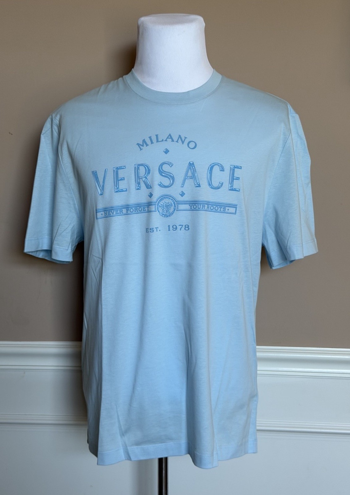 Versace Menâs Logo Compact Cotton Jersey T-Shirt Pastel Blue Xl 1013302 Nwt $750